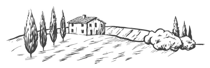 Hand-drawn sketch illustration of a Tuscany landscape, featuring rolling hills, agricultural fields, and rustic charm. Perfect for travel, farm, and countryside-themed designs.