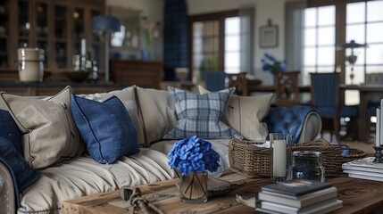 Cozy Living Room Interior with Soft Textiles and Rustic Decor