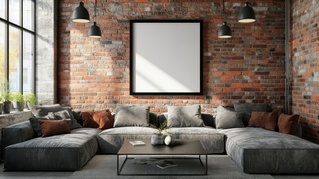 Living space Sofa facing a wall, square frame mockup above, lights hanging, loft, sunlight