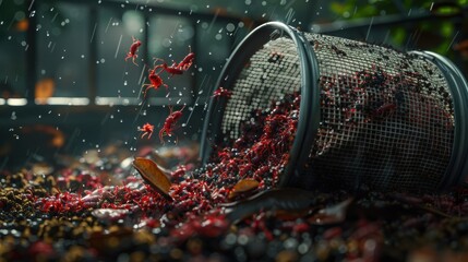 Red Ants Swarm Around Spilled Food in Rainy Forest Environment