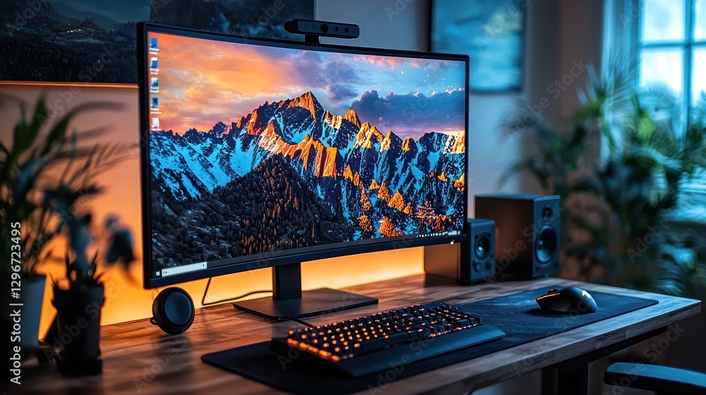 Poster modern home office setup with computer displaying mountain landscape