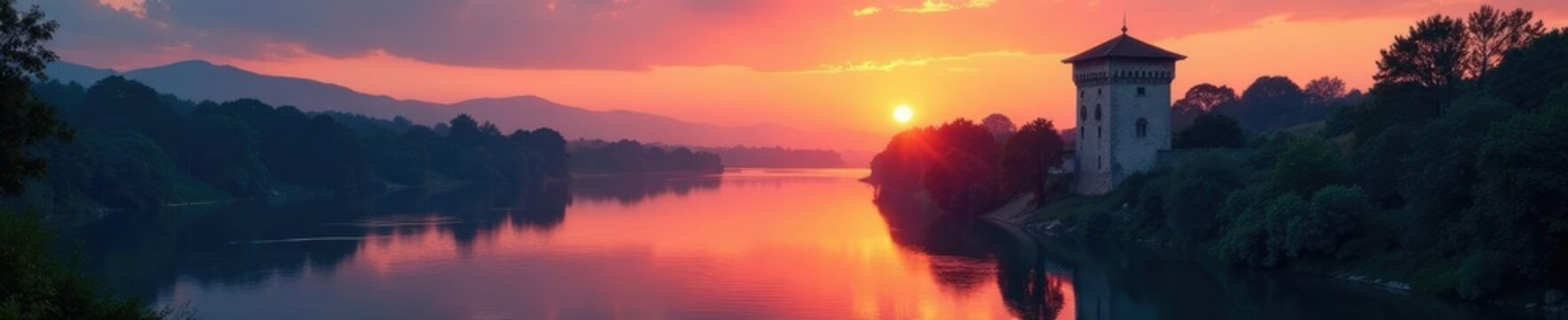 Un tramonto misterioso sulle rive del fiume con un edificio antico, fiume, edificio antico, piattaforma in legno