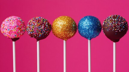 Variety of cake pops covered in chocolate, sprinkles, and edible glitter in a delightful close-up.