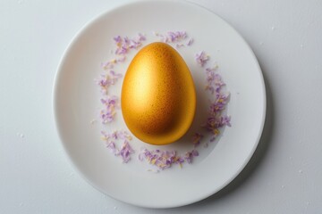 Golden egg rests on floral plate, symbolizing luxury and uniquen