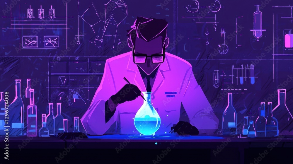 Poster scientist conducting an experiment in a laboratory with colorful chemicals and high-tech equipment s