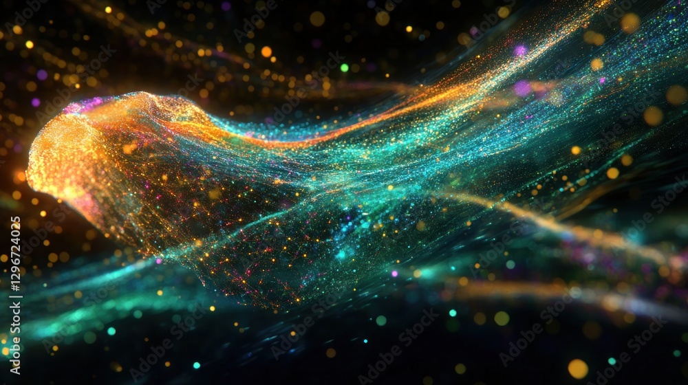 Aufkleber abstract flow colorful particle streams in digital space, glowing orbs, dark background