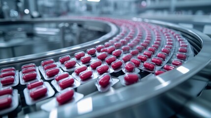 Red capsules on automated pharmaceutical production line in factory.