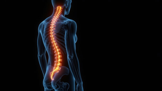 Anatomical illustration of human spine with glowing details, showcasing vertebrae and spinal cord - Powered by Adobe