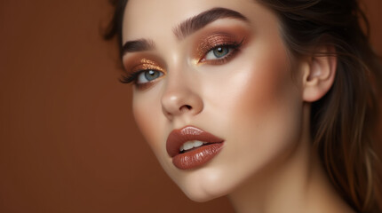Fototapeta premium Beautiful brunette with bright makeup on brown background