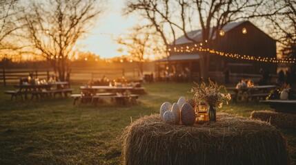 A rustic farm Easter gathering, with hay bales, warm sweaters,