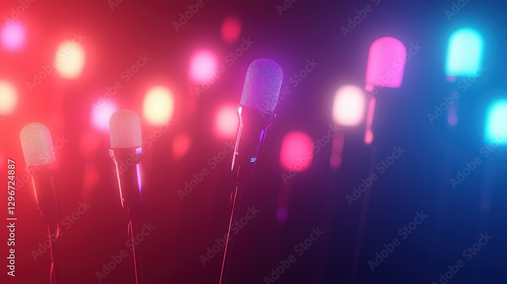Poster a creative podcast background with gradient sound waves and glowing microphone icons.