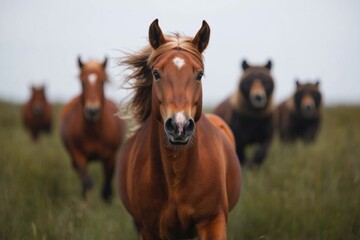 Naklejka premium Majestic horses gallop through green grass, showcasing strength