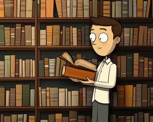Young Man Browsing a Library Filled With Books During a Quiet Afternoon