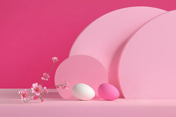 Easter pink background with podium, bunny and spring flowers.