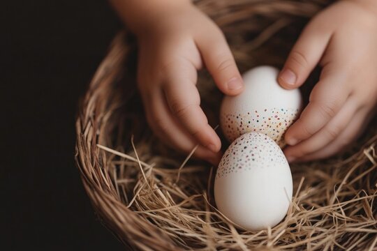 Gentle hands cradling speckled eggs in rustic nest of straw, evo