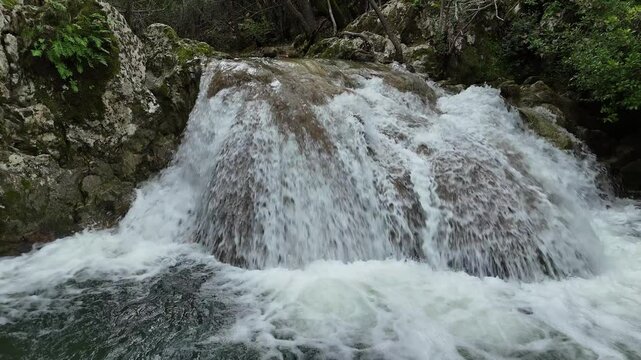 Drone flight over Stathula Polylimnio Waterfall, Peloponnese, Greece