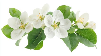 Fototapeta premium Fresh White Apple Blossom with Green Leaves Isolated on White Background