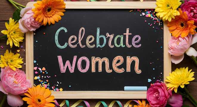 A chalkboard with the words 'Celebrate Women' written in colorful chalk, surrounded by flowers and confetti