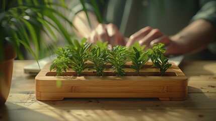 Green House Plant Care with Hands on Wooden Table Close-Up