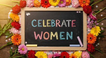 A chalkboard with the words 'Celebrate Women' written in colorful chalk, surrounded by flowers and confetti