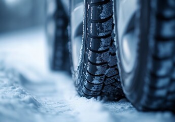 Close-Up of Winter Tire Tread on Snowy Surface for Automotive Use
