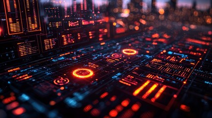 Obraz premium Futuristic Circuit Board with Glowing Elements and Cityscape Background