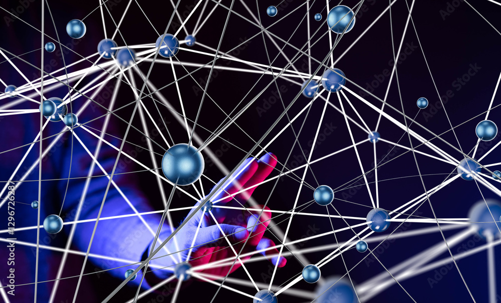 Poster Global network. Blockchain. 3D illustration. Neural networks and artificial intelligence. Abstract