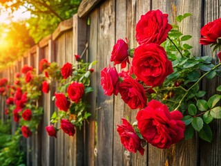 Panoramic View of Climbing Red Roses on Rustic Old Fence
