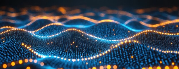 Abstract blue & orange wave data flow; tech background