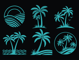 Obraz premium Summer Silhouettes Vector Collection with Ice Cream, Seashells, Palms, Beach, and Sun