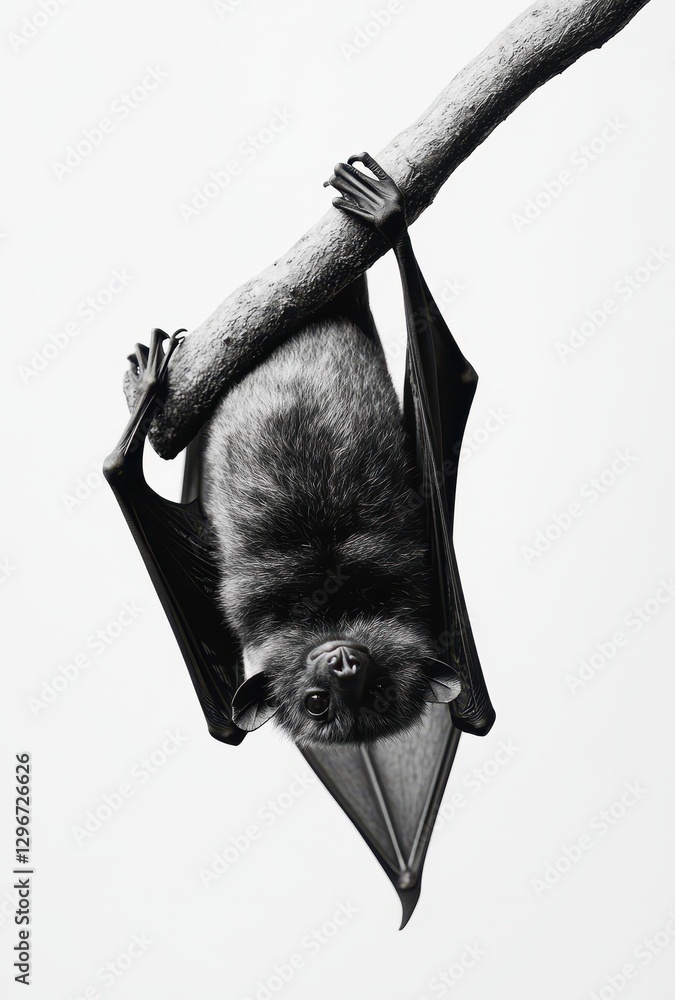 Aufkleber black and white bat hanging upside down from a tree branch in a natural setting against a plain back
