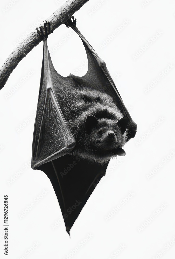 Poster black and white image of a bat hanging upside down from a branch in a minimalist style, capturing th