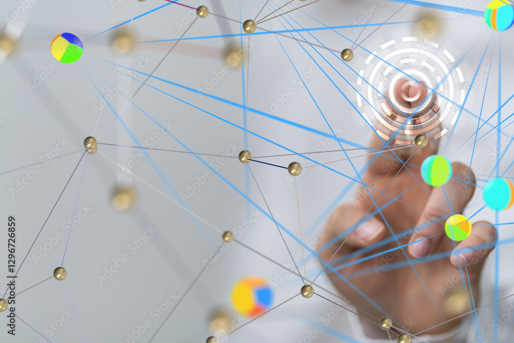 Poster Global network. Blockchain. 3D illustration. Neural networks and artificial intelligence. Abstract
