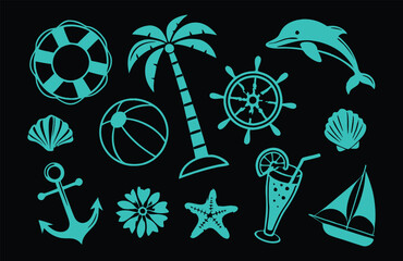 Summer Silhouettes Vector Collection with Ice Cream, Seashells, Palms, Beach, and Sun