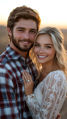 Engaged couple smiling together, showcasing their engagement rings at sunset