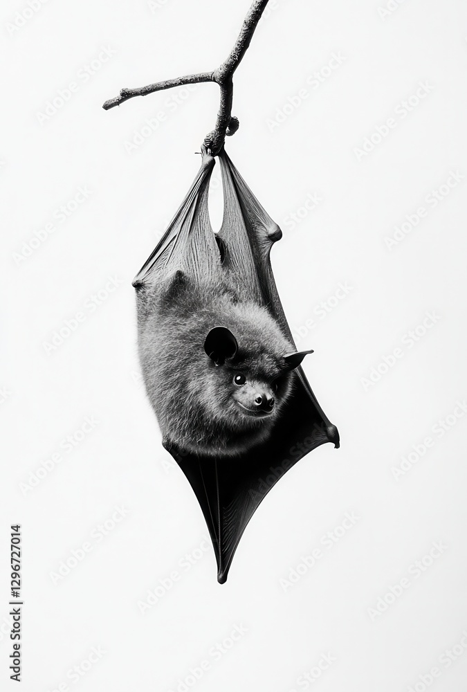 Poster black and white image of a bat hanging upside down from a branch in a minimalist style with interest