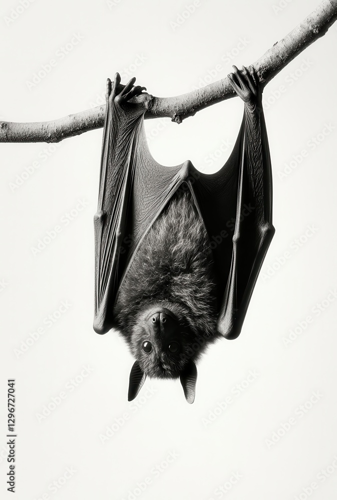 Aufkleber black and white image of a bat hanging upside down from a branch in a minimalistic style capturing t