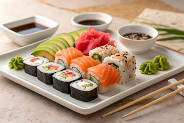 A close-up, appetizing image of assorted sushi and rolls arranged on a rectangular plate, with small bowls of soy sauce and wasabi, and chopsticks, on a textured, light brown background