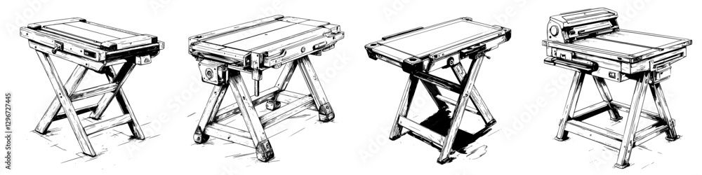 Poster detailed hand-drawn vector illustrations of various types of work tables designed for creative proje