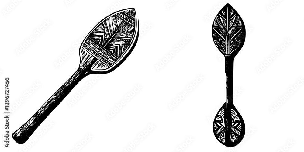 Poster hand drawn vector illustrations of decorative wooden spoons displaying intricate patterns and design