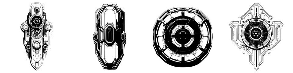 Hand-drawn vector illustrations of futuristic mechanical devices in a minimalist style