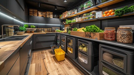 Modern Sustainable Kitchen with Fresh Produce and Organized Storage