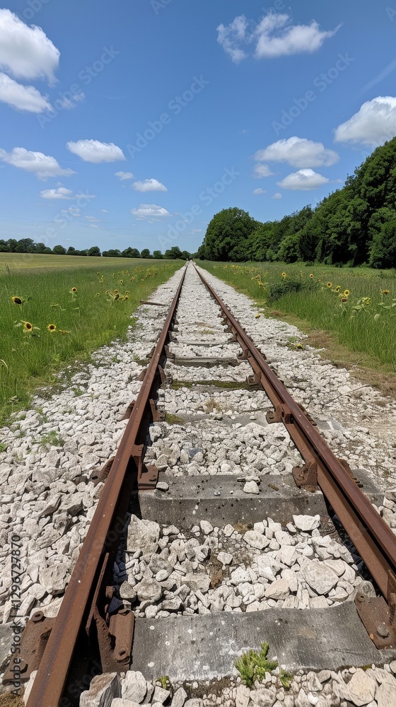 Poster a tranquil view of railway tracks stretching into the distance, bordered by fields and trees under a