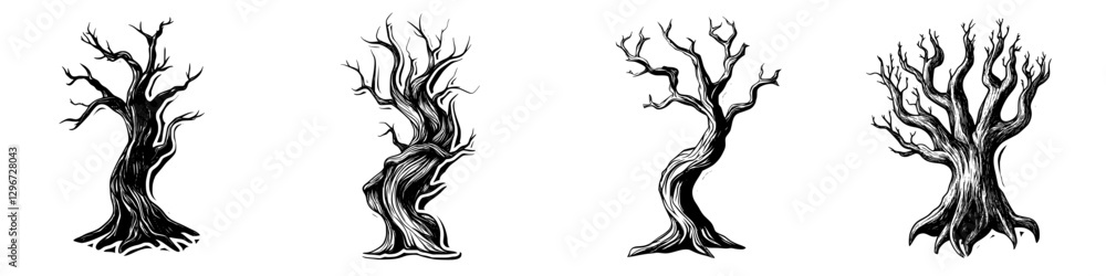 Poster hand drawn vector illustration of four unique trees with twisted branches and textured bark in a nat