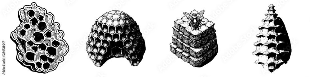 Poster hand drawn vector illustration of various honeycomb structures and shells showcasing intricate desig