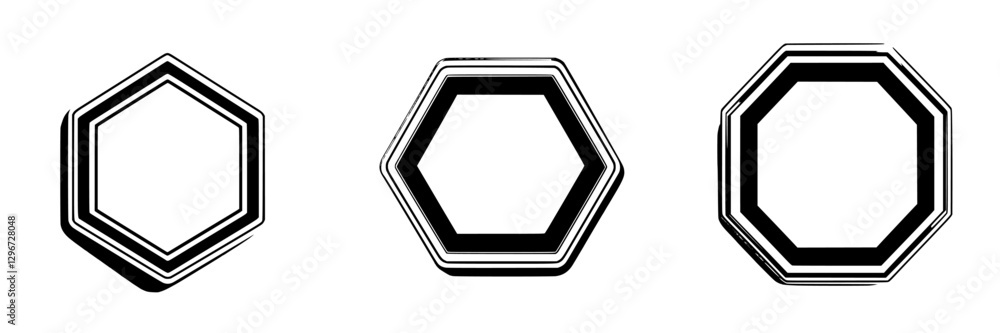 Poster hand drawn vector illustration of hexagonal shapes with varying styles and outlines in a minimalist 