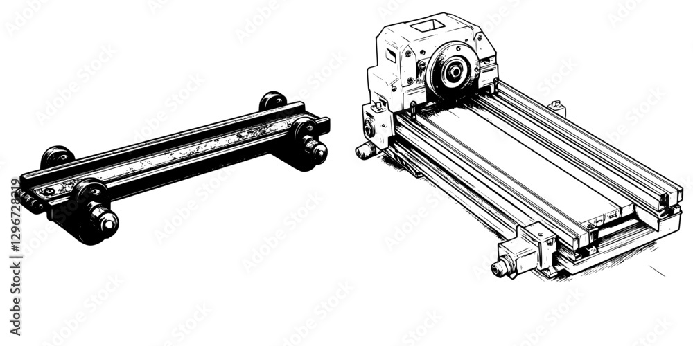 Poster hand-drawn vector illustration of a mechanical drawing tool with linear components and precision fea