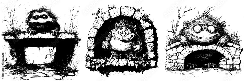 Poster hand-drawn vector illustration of quirky creatures peeking from rustic archways in a whimsical fores