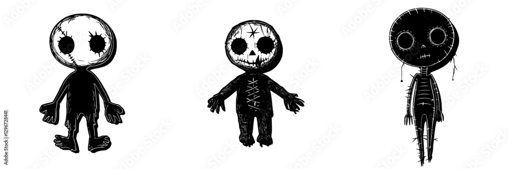 Aufkleber Hand drawn vector illustration featuring three unique characters with distinct designs and expressions, in a playful yet eerie style
