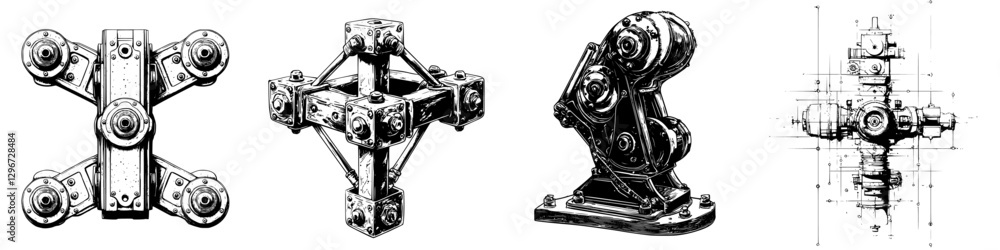 Poster hand-drawn vector illustration of mechanical components showcasing precision engineering in a worksh